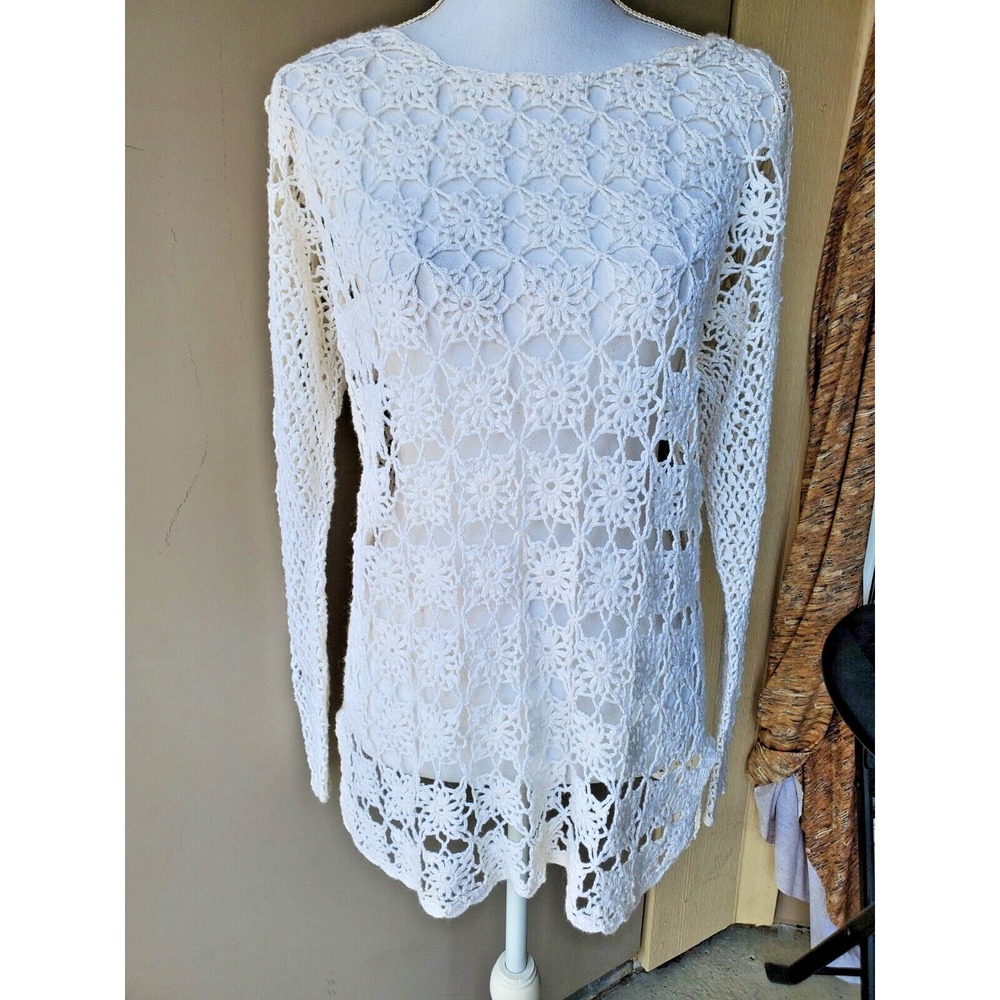 Victoria Jones Crochet Open Knit Sweater Womens Small Floral Hand Knit NWT